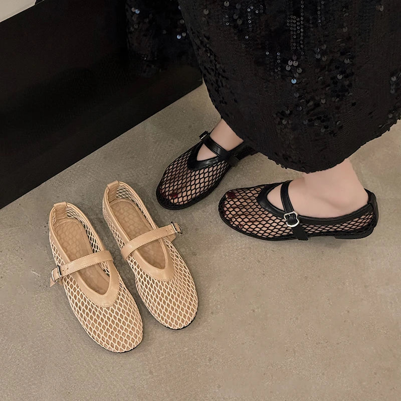 Summer Round Toe Mary Jane Shoes - Cut-Out Fishnet Casual Flats