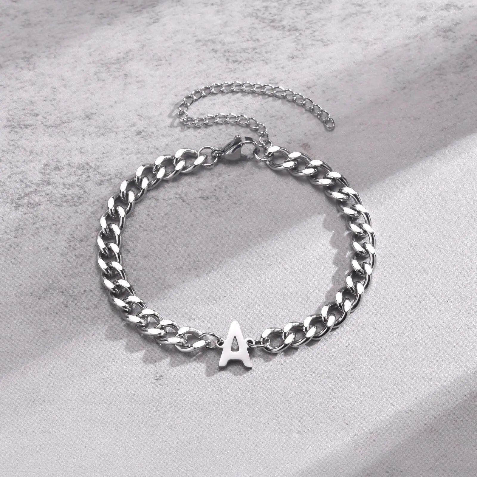 Vnox A-Z Initial Cuban Chain Bracelets for Men Women, Silver Color Stainless Steel Curb Links, Letters Name Charm Bracelet Gift