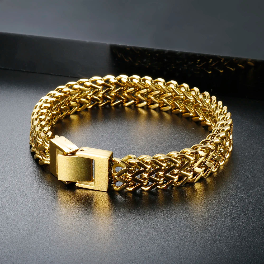 Hip Hop Stainless Steel Chunky Heavy Gold Color Bracelet Thick Texture Link Chain Rock Bracelet  for Men Women