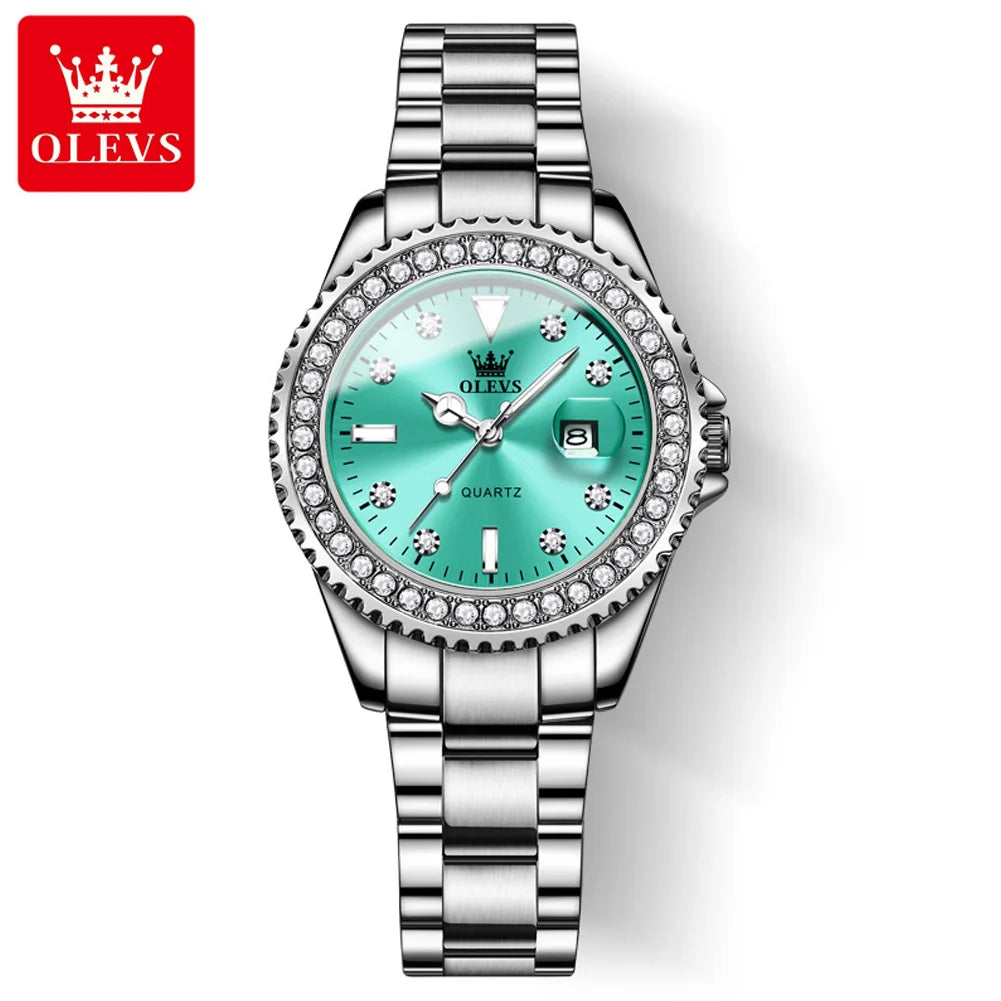 OLEVS 9945 Top Brand Original Quartz Watch for Women Luxury Diamond Lap Calendar Hand Clock Stainless Steel Ladies Wristwatches