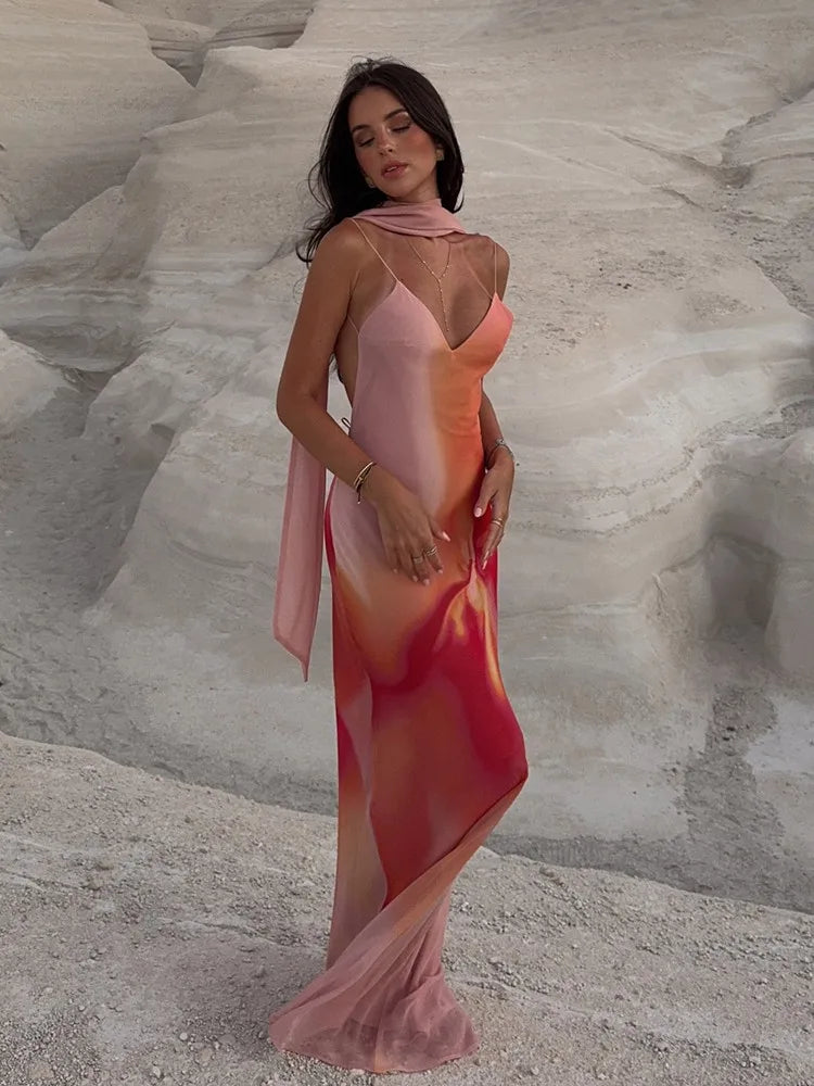 UNIZERA Scarf Printed Backless Long Dress 2025 Summer New Arrivals Women's Wear Elegant Satin Textured Dress