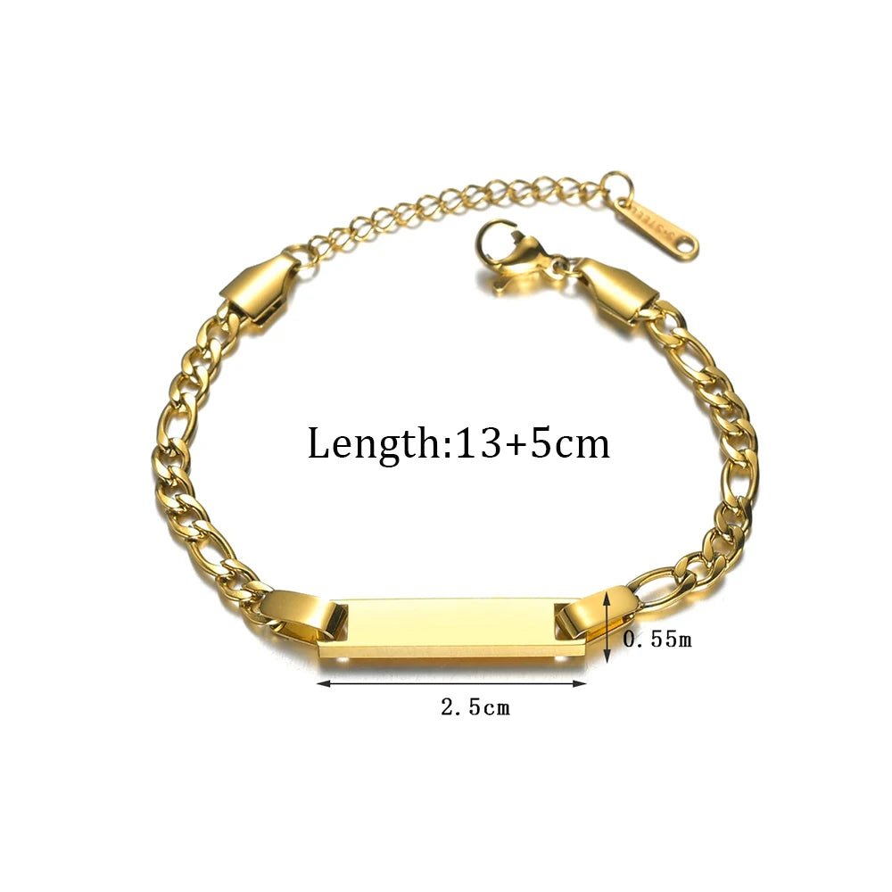 Akizoom Punk Newborn Baby Bracelets Hip Pop Gold Color Stainless Steel Figaro Chain Blank Bar Kids Bangle  Jewelry Birthday Gift