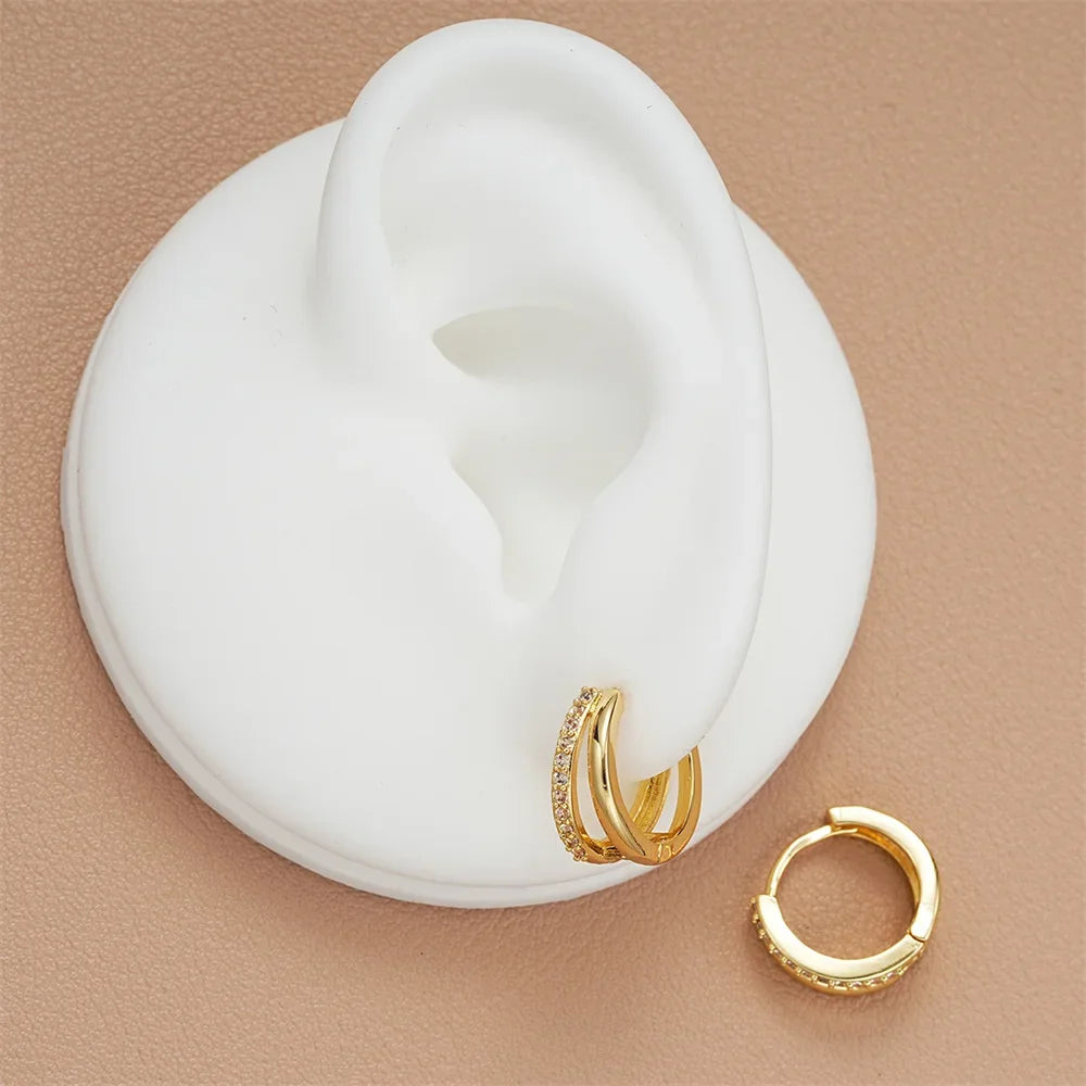 Dainty Tiny Layered Gold Plated Copper Metal Paved CZ Huggie Hoop Earrings for Women Girls Luxury Elegant Catilage Hoops Jewelry