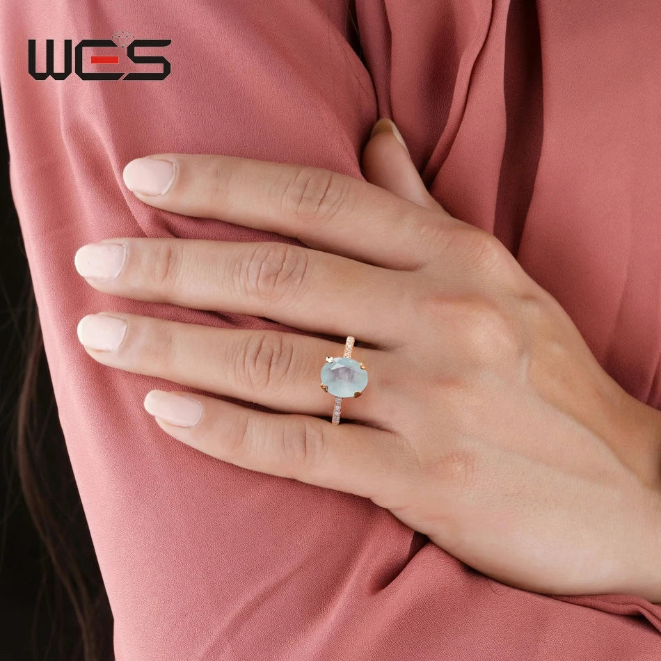 WES Oval Natural Birthstone Moonstone Promise Ring for Woman Aquamarine Moss Agate 925 Silver Jewelry Birthday Gift With Box