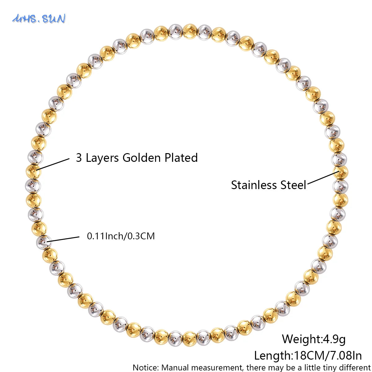 MHS.SUN Fashion Waterproof Smooth Stainless Steel Bracelets 2-10mm Elastic Beaded Gold Plated Stackable Bracelet Women Jewelry