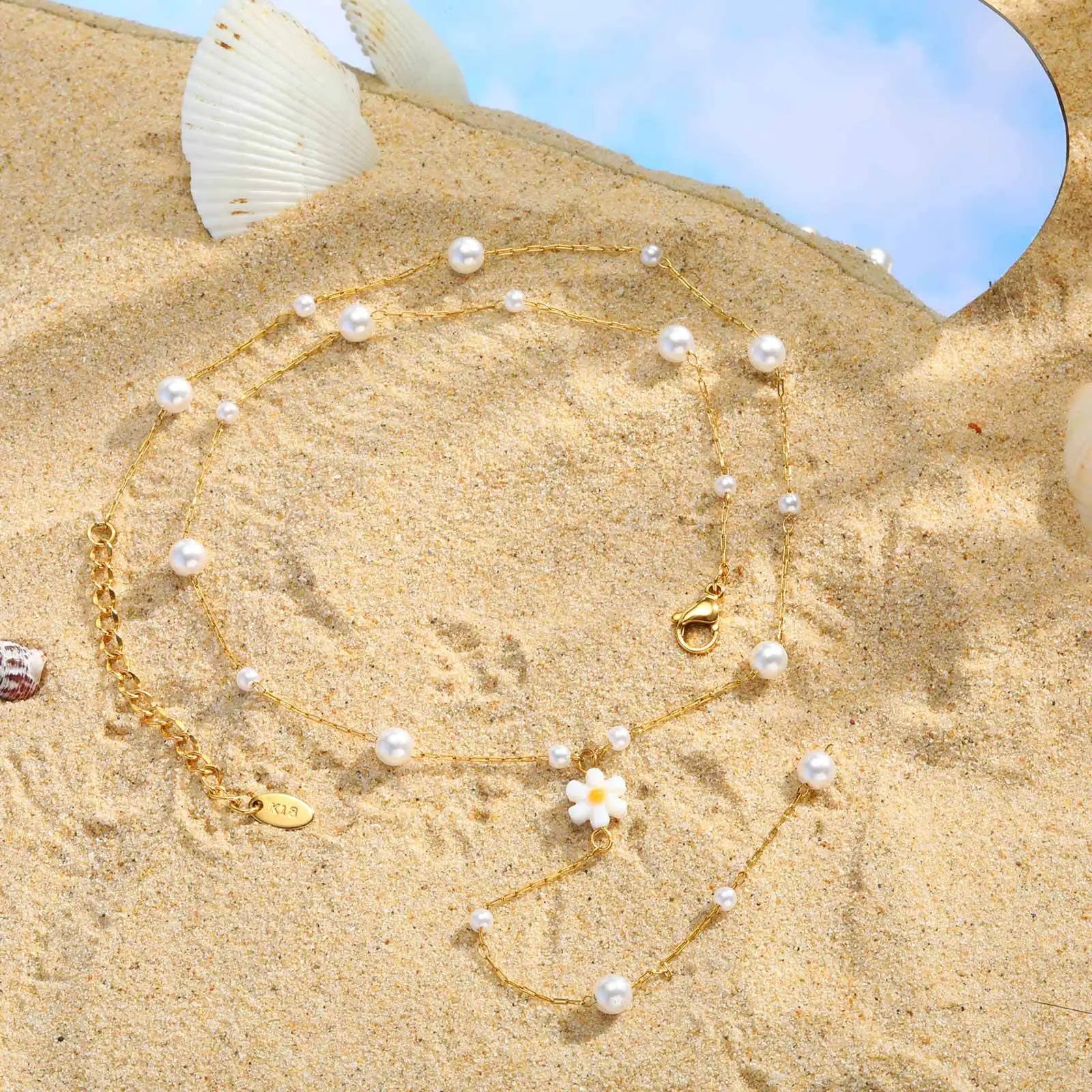 Vnox Flower Pearls Long Chain Drop Necklace For Women, Stainless Steel Waterproof Layered Jewelry, Light Luxury Collarbone Chain