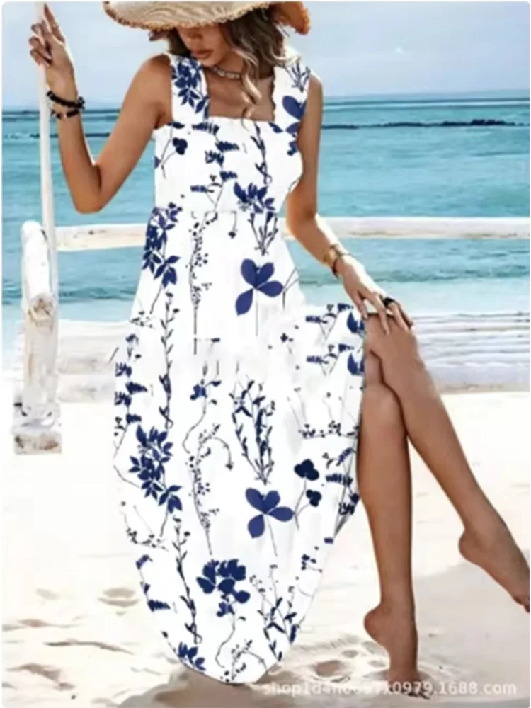 Trendy Square Neck Sleeveless Printed Dresses Women's Suspender High Waist Dress Beach Vacation Robe