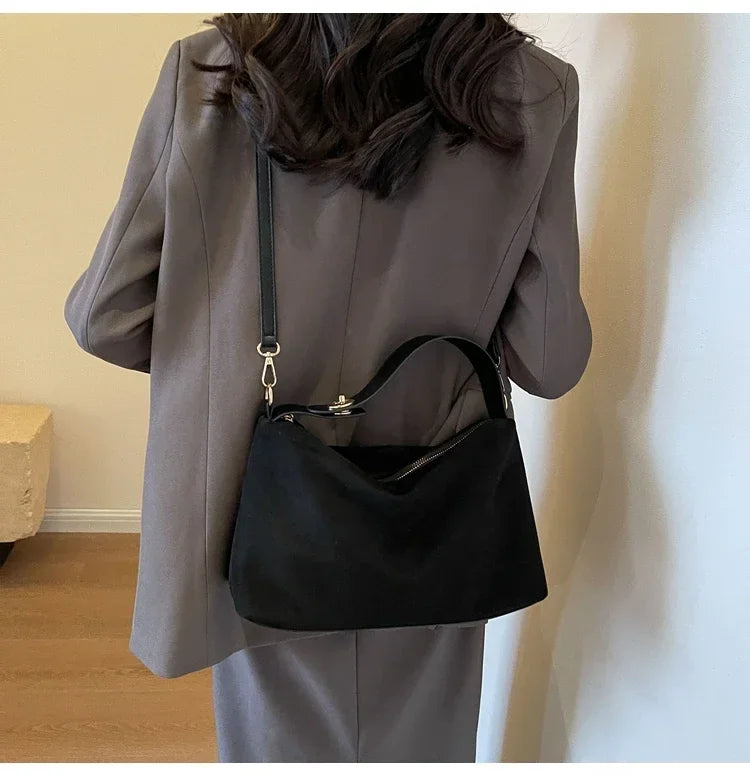 New Solid Color PU Zipper Women's Bag Suede Large Capacity Women's Shoulder Bag Fashion Versatile Casual Dual Purpose Handbag