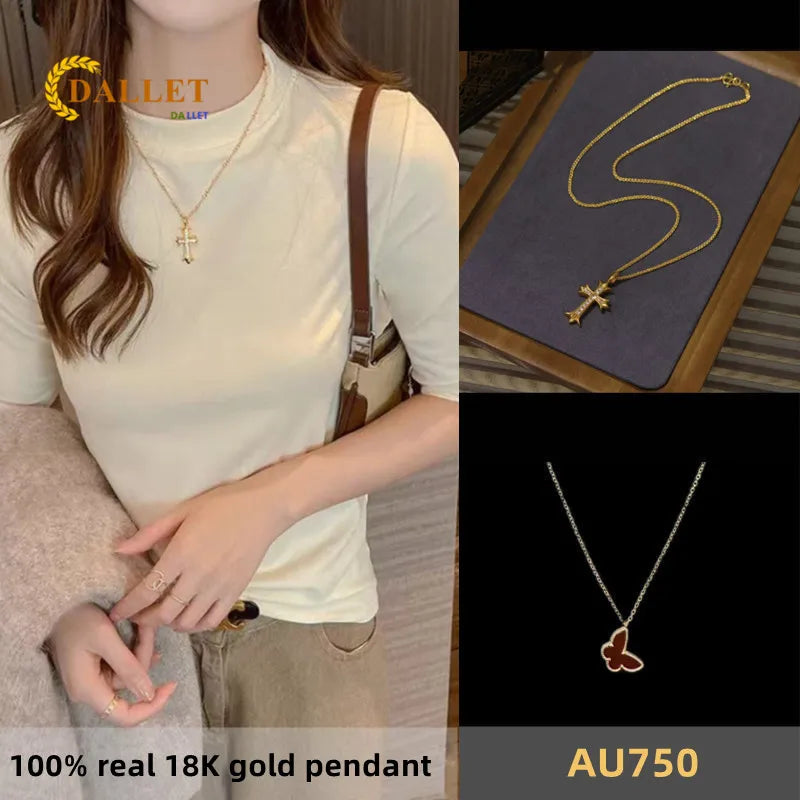 DALLET 100% Real 18K Gold Pendant Women's Cross Necklace AU750 Fashion Party High Quality Accessories Luxury Original Jewelry