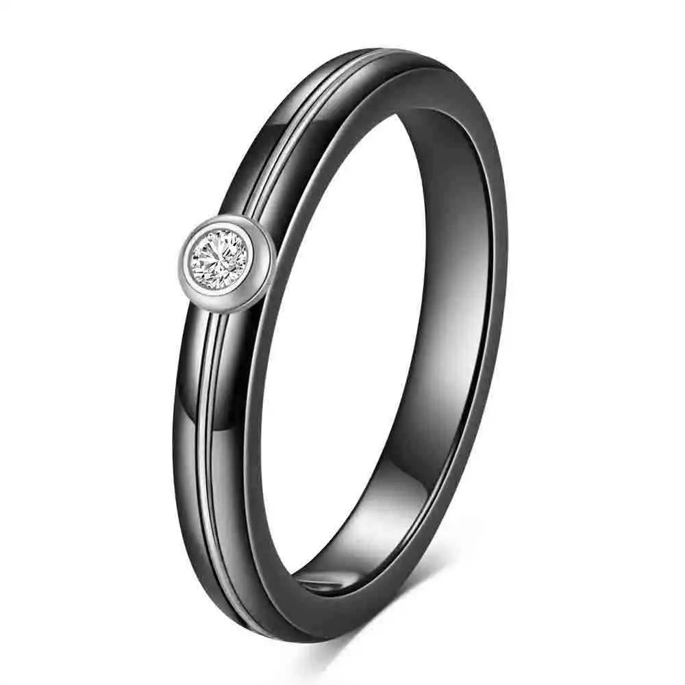 HNSP 4MM luxury Zircon Ceramic Black White Ring For Women Finger Jewelry Accessories