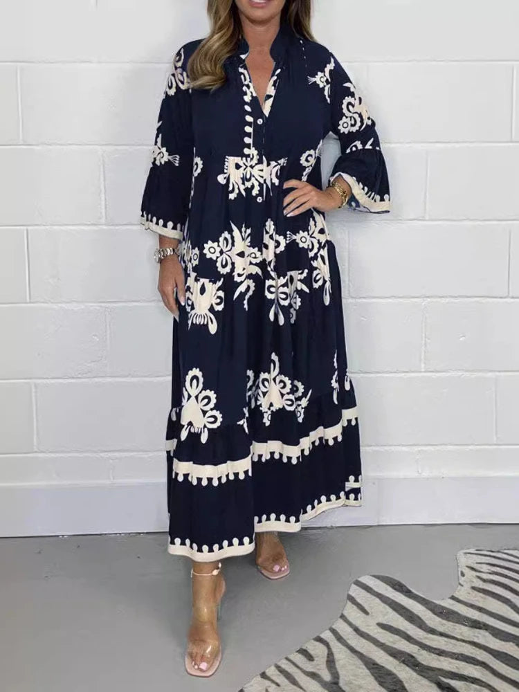 2024 Autumn Fashion New Women's Commuting Style Casual Printed Dress Loose Single Breasted Horn Sleeve Elegant Dress