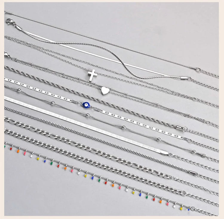 Silver Color Anklet Bracelets for Women Waterproof, Stainless Steel Layered Cuban Chain Herringbone Anklets Summer Beach Gift