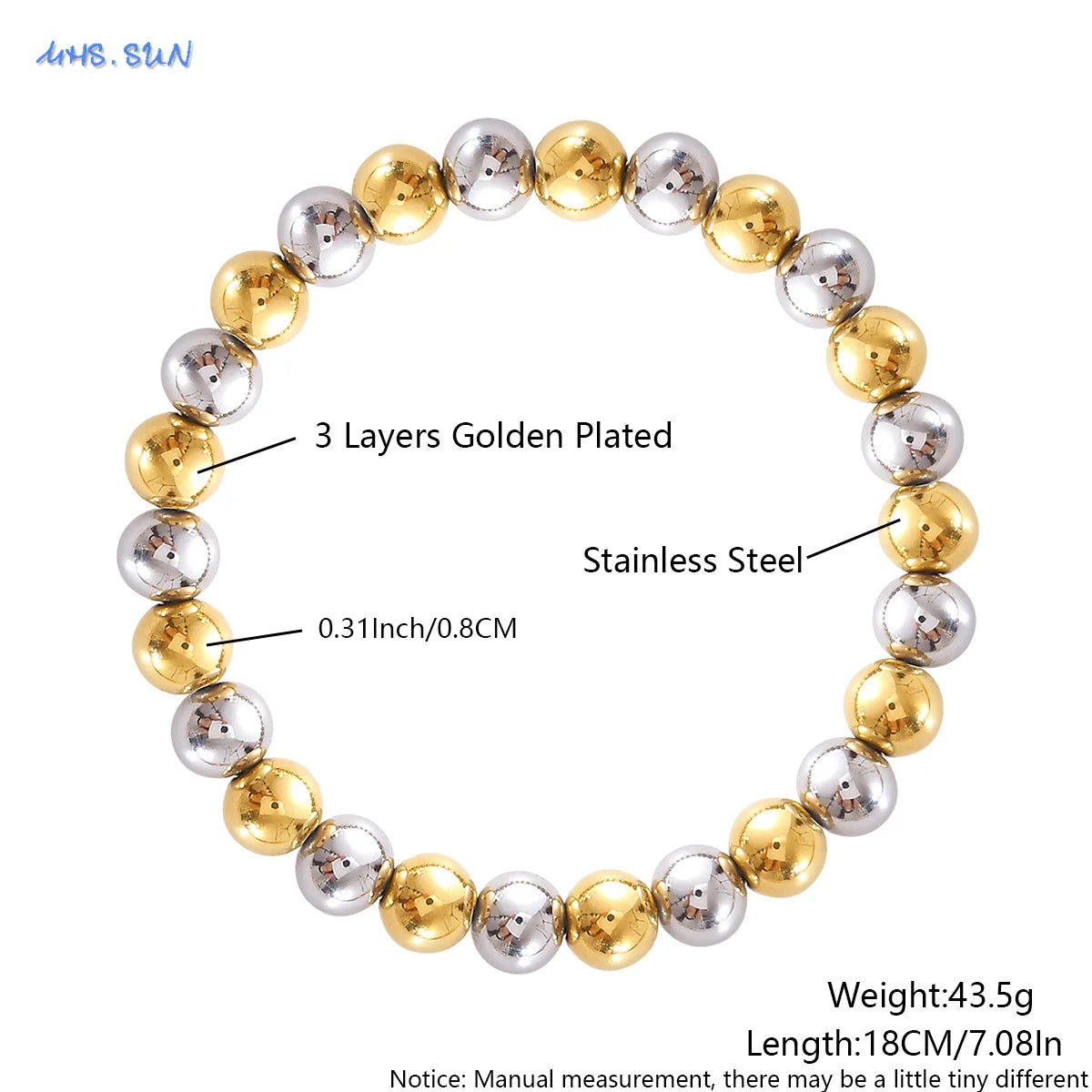 MHS.SUN Fashion Waterproof Smooth Stainless Steel Bracelets 2-10mm Elastic Beaded Gold Plated Stackable Bracelet Women Jewelry