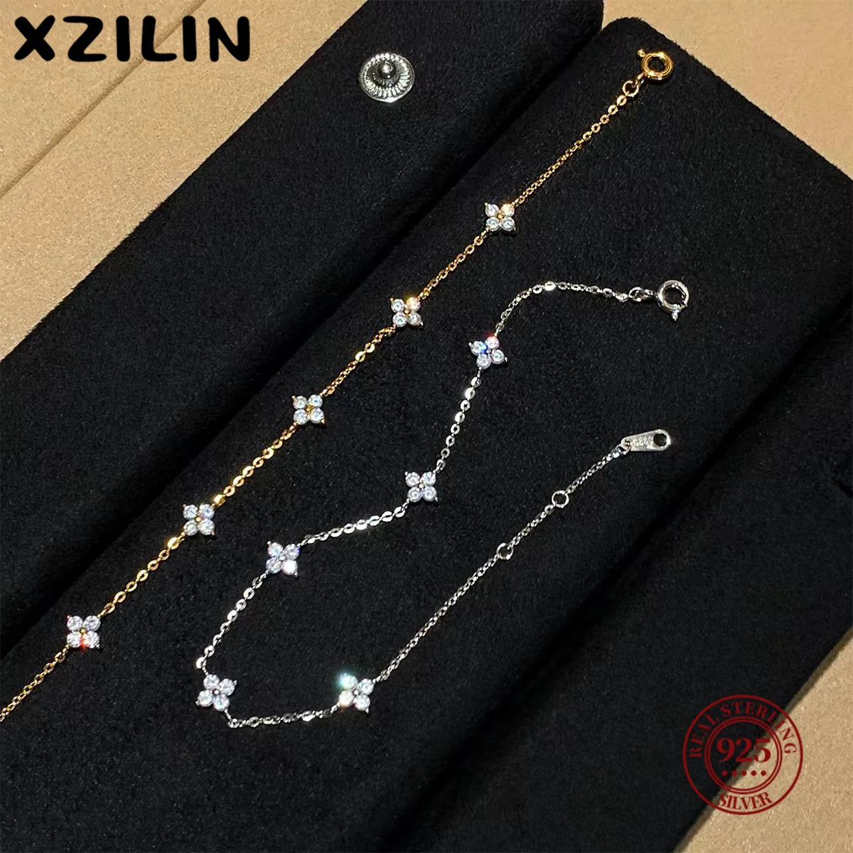 S925 Sterling Silver Zircon Flower Bracelet - 18K Gold Korean Design