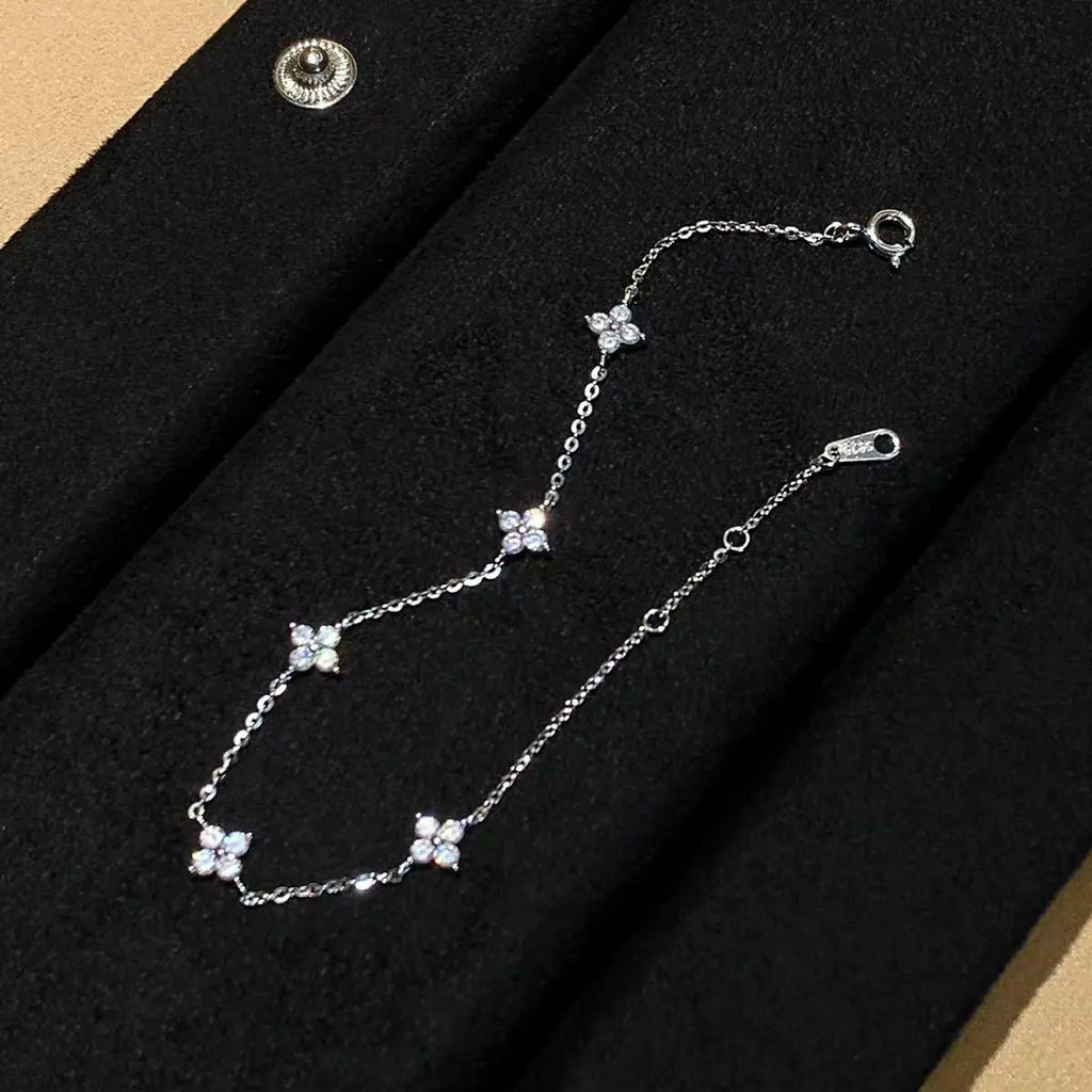 S925 Sterling Silver Zircon Flower Bracelet - 18K Gold Korean Design