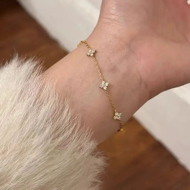 S925 Sterling Silver Zircon Flower Bracelet - 18K Gold Korean Design