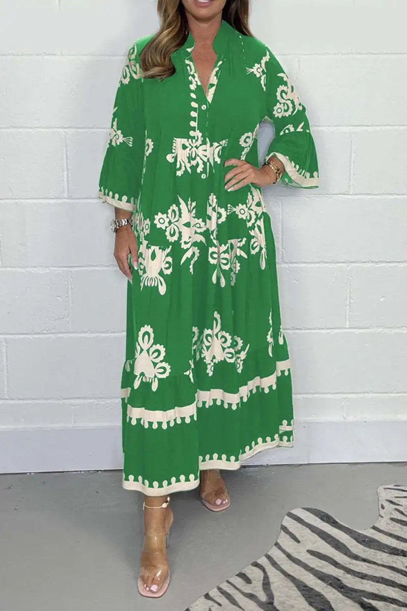 2024 Autumn Fashion New Women's Commuting Style Casual Printed Dress Loose Single Breasted Horn Sleeve Elegant Dress