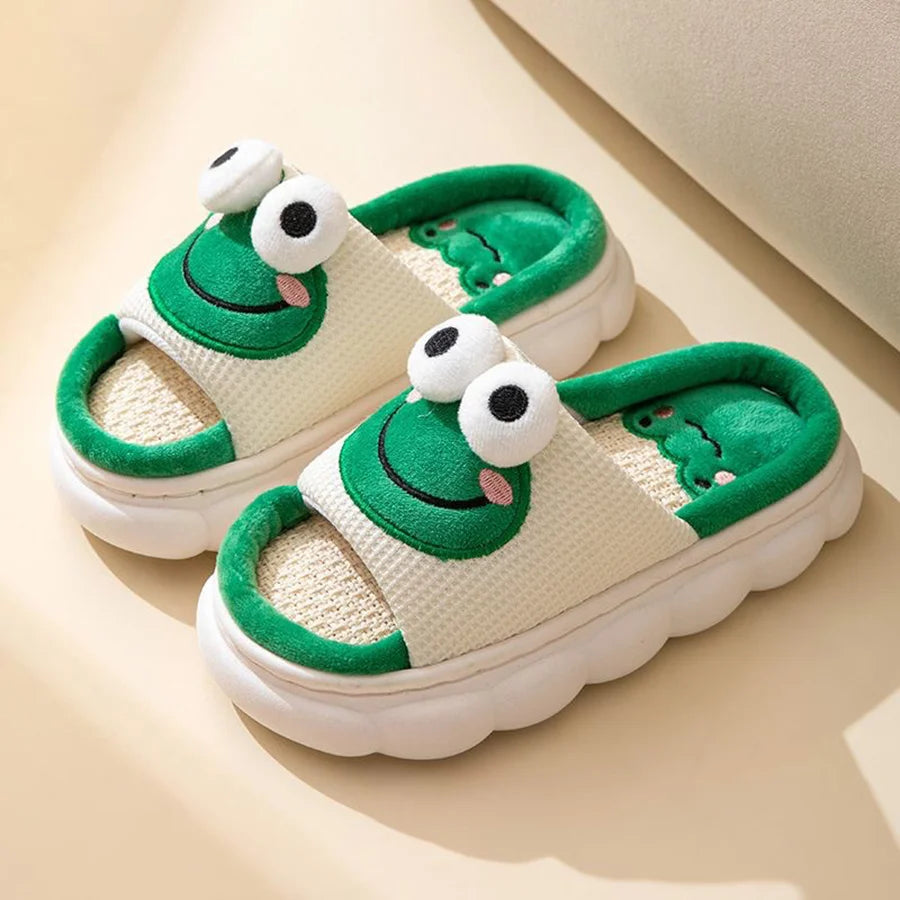 Women's Cartoon Frog Linen Slippers - Soft Thick Sole Anti-Slip Home Shoes