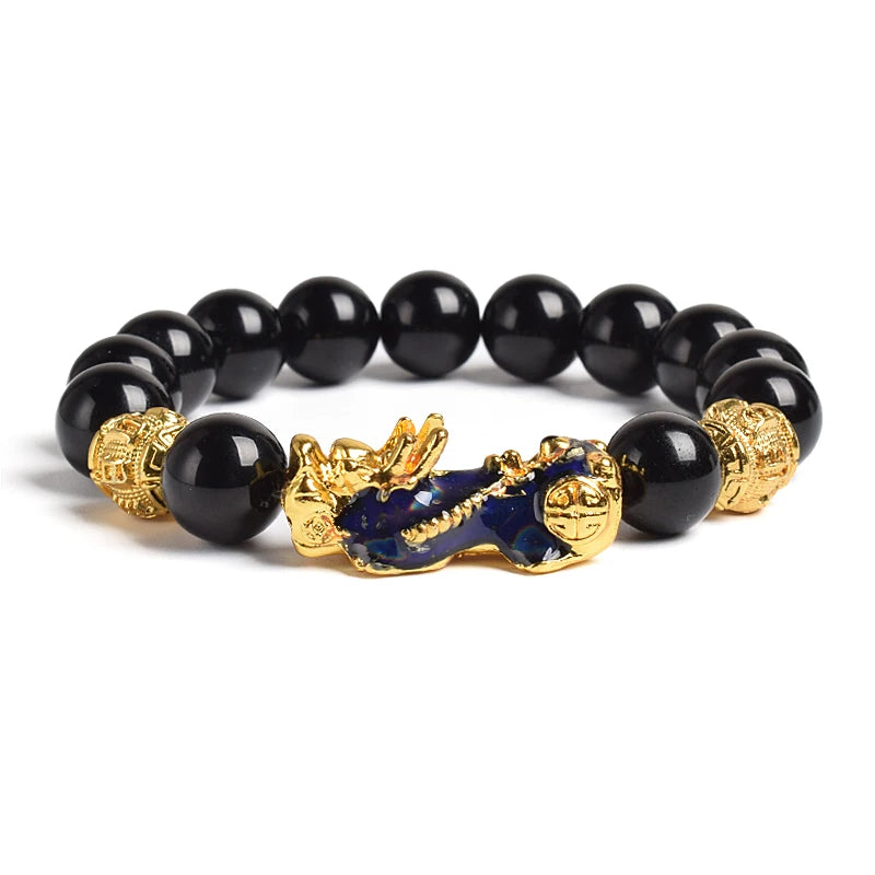 Pi Xiu Tiger Eye Stone Beads Bracelet Feng Shui Yellow Power Stone Women Men Elastic Jewelry Gold Color Pixiu Good Luck Bracelet