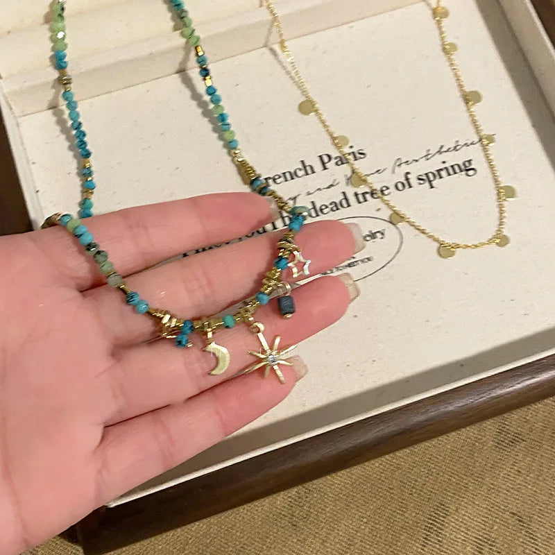 ZAKOL Vintage Bohemian Style Stone Beads Necklace for Women Charm Mang Star Pendant Stacked Clavicle Chain Fashion Jewelry Gifts
