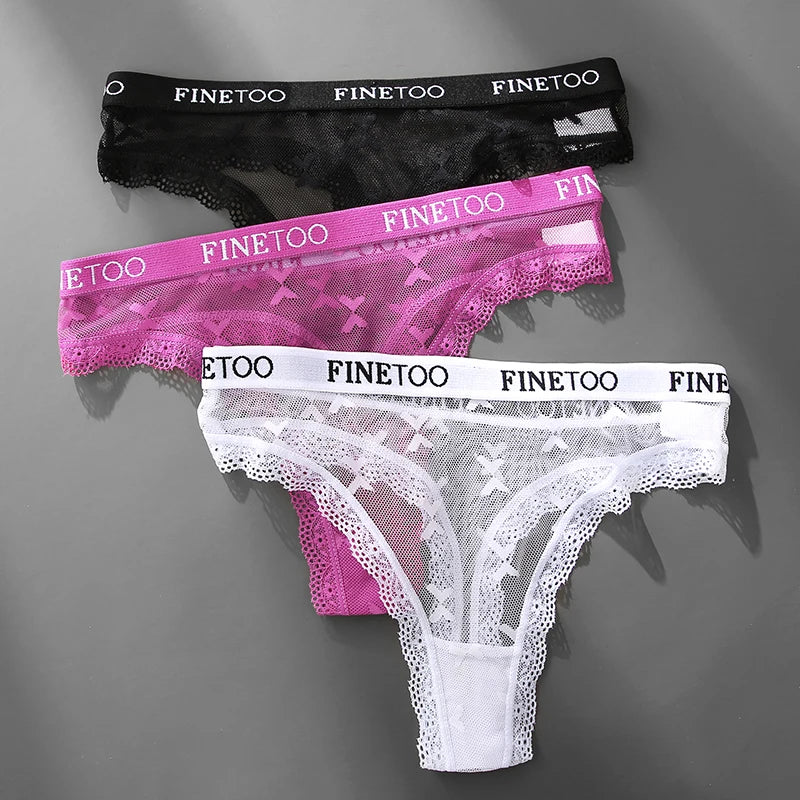 3PCS FINETOO Thong For Women Lace Panties Sexy Women's Thong Low Waist Underwear Solid Comfort Female Underpants Lingerie S-XL