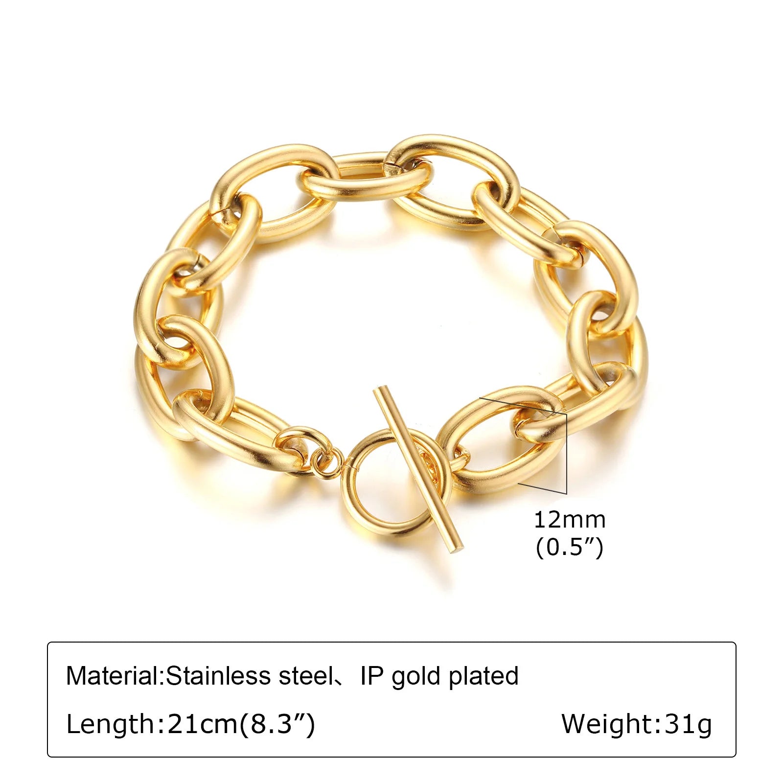 Gold Plated Chunky Chain Bracelet, Stainless Steel Minimalist Link Waterproof, Thick Brand Wristband Bangle For Women