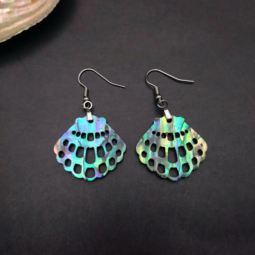 Natural Paua Shell Hand Carving Double Side Dangle Earrings Hawaiian Design Abalone Jewelry
