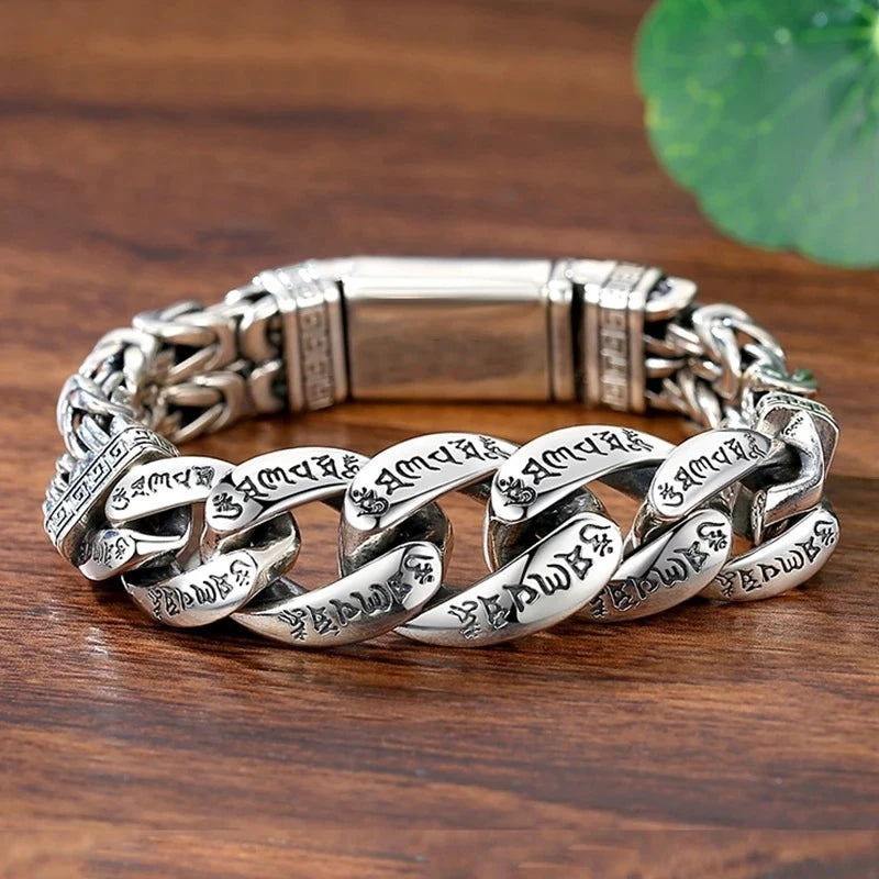 S925 Sterling Silver Personalized Men and Women Bracelets Six-Character Peace Pattern Cuban Chain Jewelry Exquisite Gift