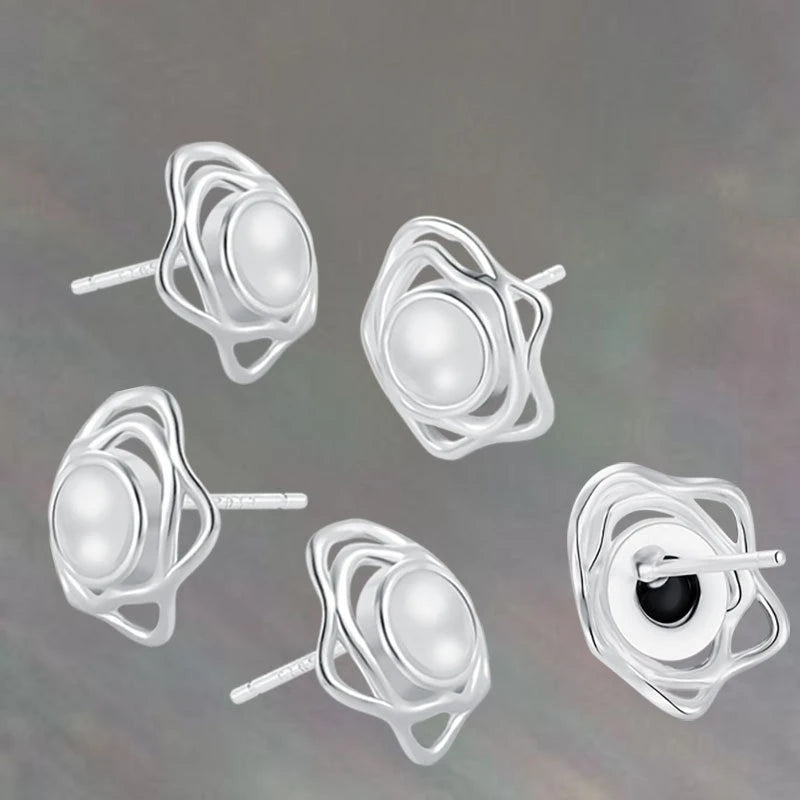 925 Sterling Silver Stud Earrings with Natural Onyx Stone Black and White Irregular Geometric Arc Design Stud Earrings for Women