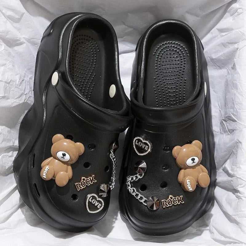 Women DIY Silver Chains Fashion Bear Decor Clogs Summer Sping Autumn Beach Sandals Cave Hole Garden Shoes For Students Girls New