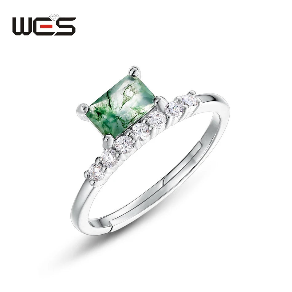 WES 925 Sterling Silver Open Ring for Woman Classic Unique Green Moss Agate Crystal Ring Engagement Gift Wholesale Oval Cut