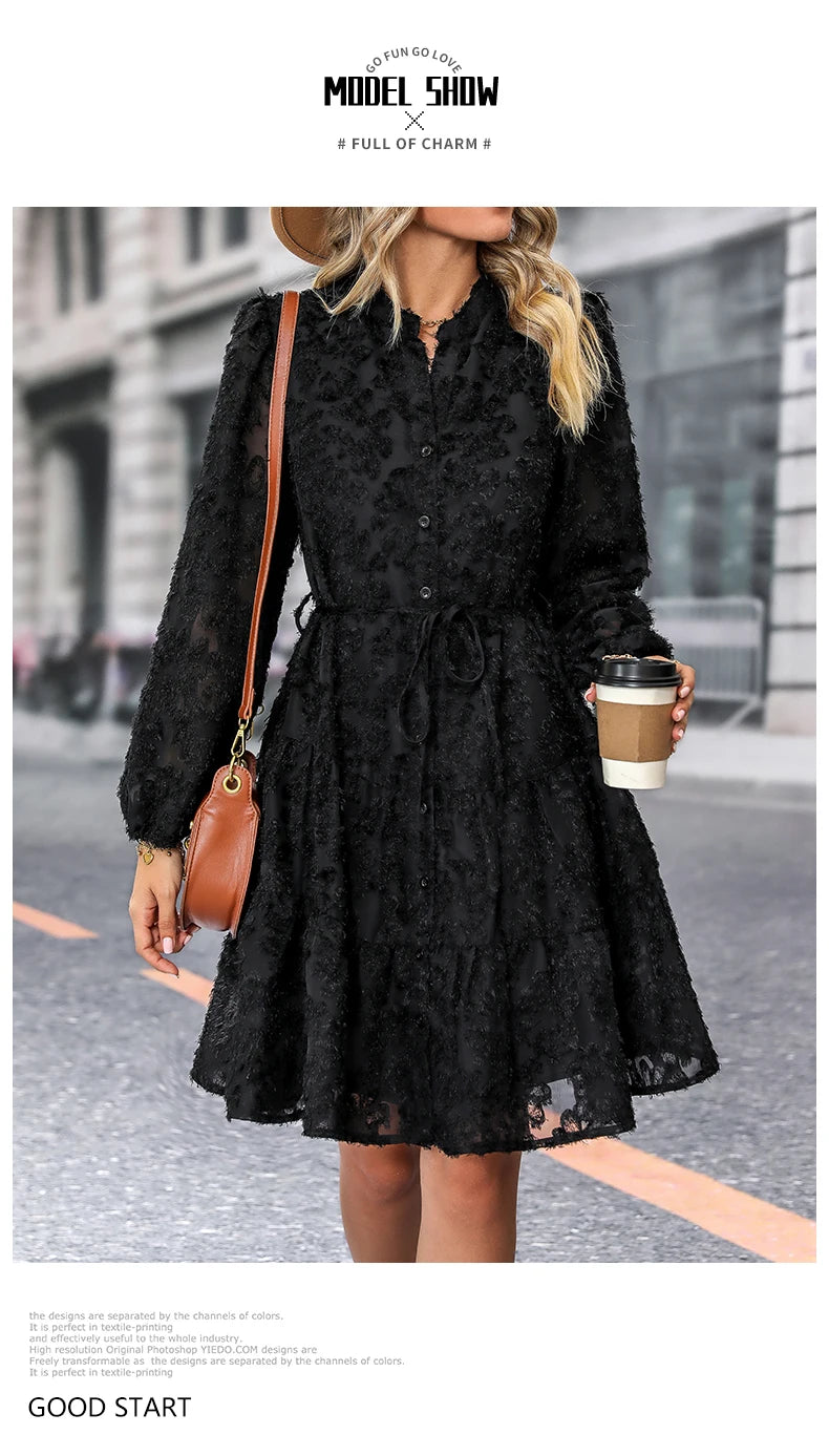 JIM & NORA  Autumn Maxi Dress For Women Casual Hollow Crochet Bohemian Long-Sleeve Loose Beach Robe Ladies Holiday Fall Vestidos