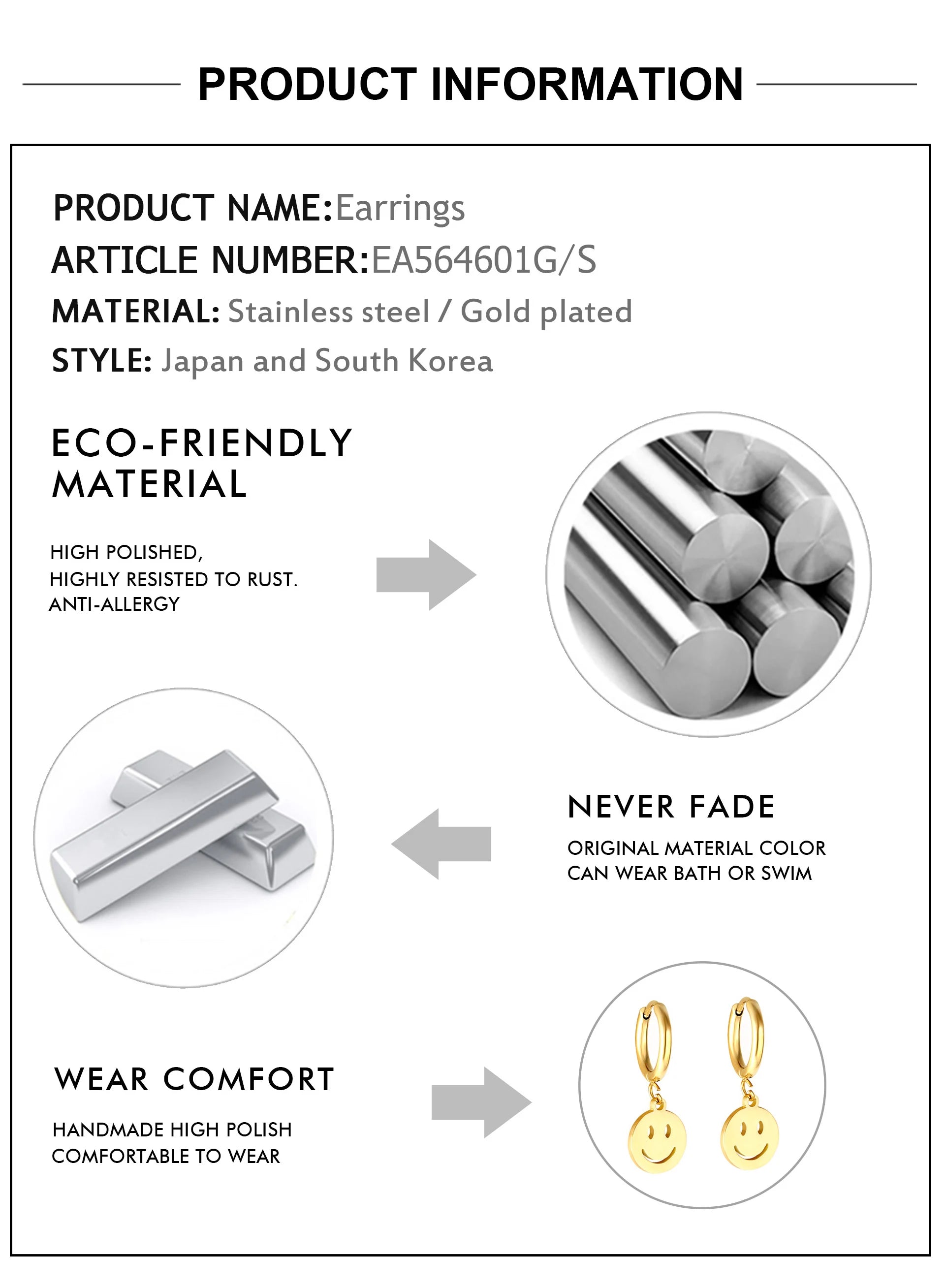 LUXUKISSKIDS Punk Smile Face Gold/Steel Color Drop Earrings Simple Hiphop Round Pendients Fashion Clips For Man/Woman/Girls