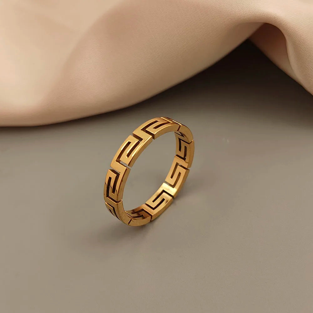 Creative - Greek key pattern stainless steel finger ring, high quality waterproof jewelry, gift for friends