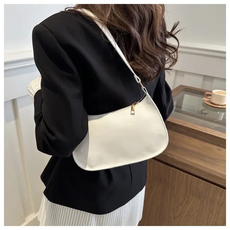 Vintage Wine Red Patent Leather Glossy Underarm Bag 2024 New Minimalist Lady Zipper Shoulder Bag Elegant Versatile Handbag Trend
