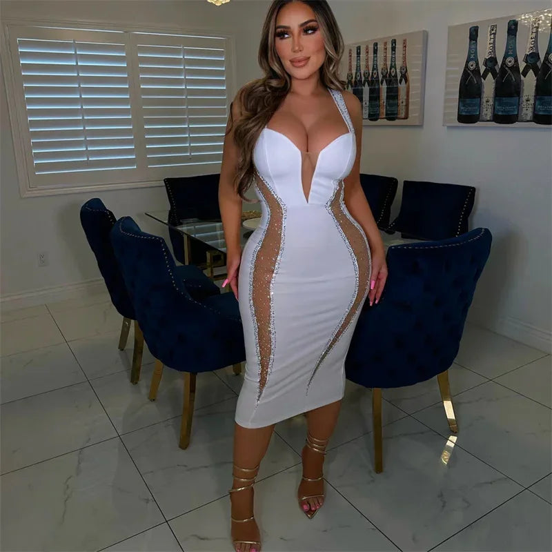 Sexy Spaghetti Strap V-neck Bandage Bodycon Dress Women Elegant Mesh Patchwork Diamonds Cocktail Party Dresses Vestidos Midi