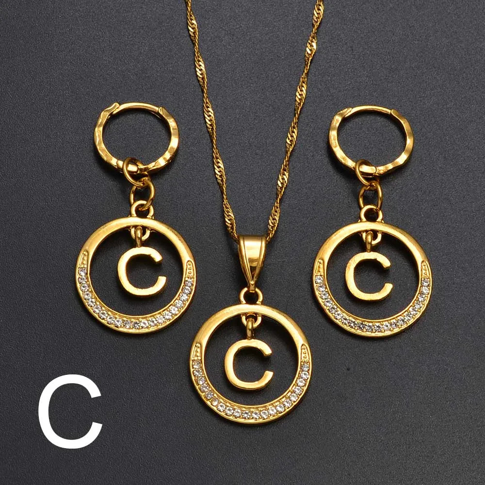 Anniyo A-Z Alphabet set Pendant Necklace and Earring set,Guam, Hawaii,African Initial Jewelry English Letters  #260306