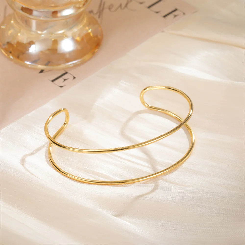 My Shape Simple C Shape for Women Stainless Steel Gold Color Adjustable Open Cuff Bangle Jewelry Double Layered Bracelets Gifts
