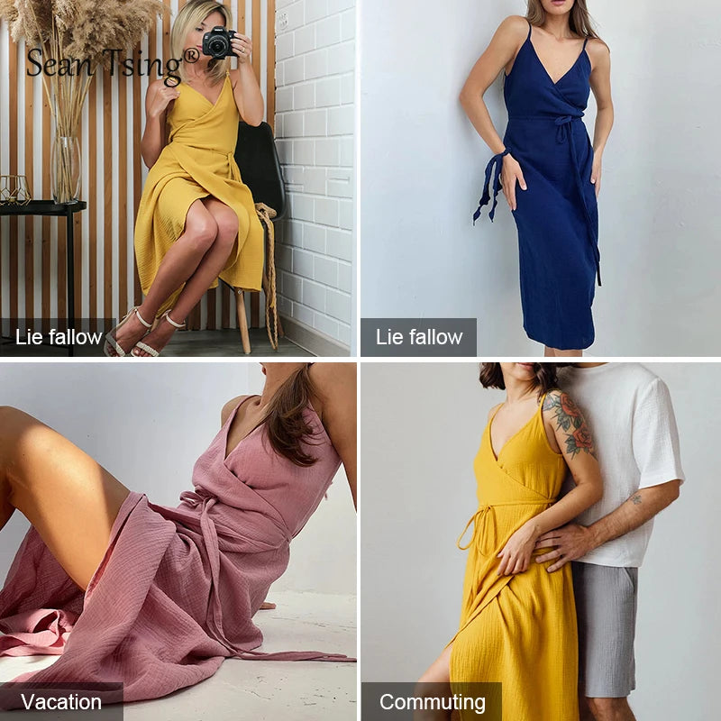 100% Cotton Gauze Elegant Dresses For Women SummerSexy Adjustable Strap Sleeveless Open Side Bandage Party Dresses Vestido