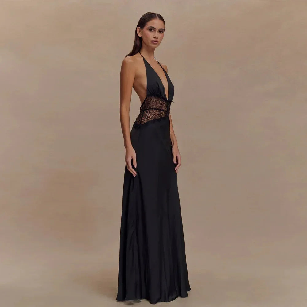 Deep V-Neck Backless Dress - Lace Satin Halter Maxi Evening Gown