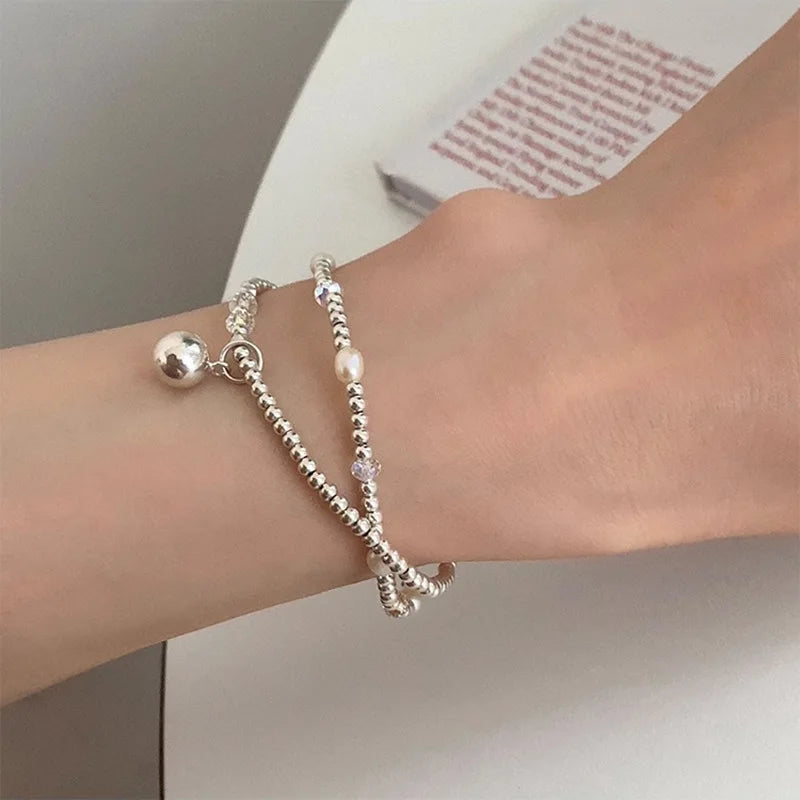 VENTFILLE 925 Sterling Silver Double Layer Pearl Bracelet for Women Girl Design Bead Korean Jewelry Dropshipping
