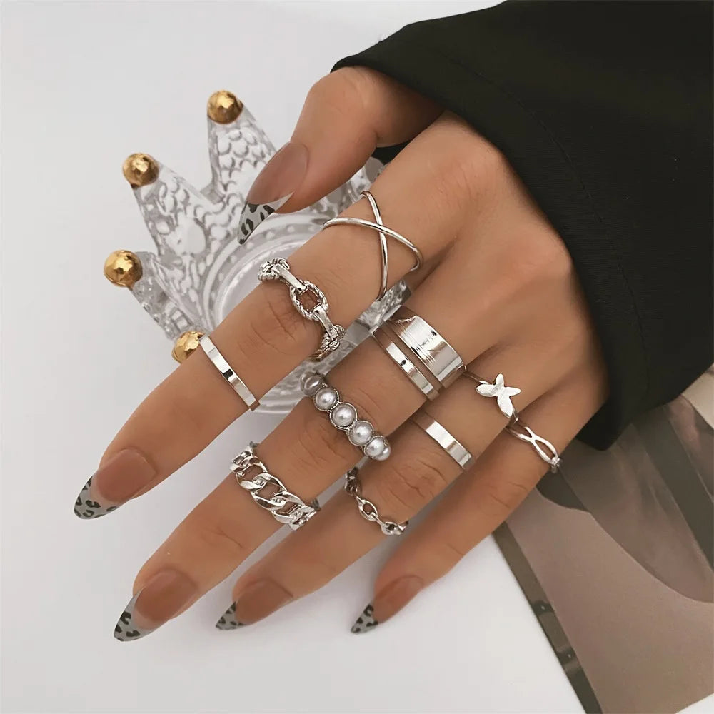 IPARAM Silver color Chain Pearl Bracelet Love Pendant Zircon Necklace Snake Butterfly Earrings Ring Fashion Jewelry Set
