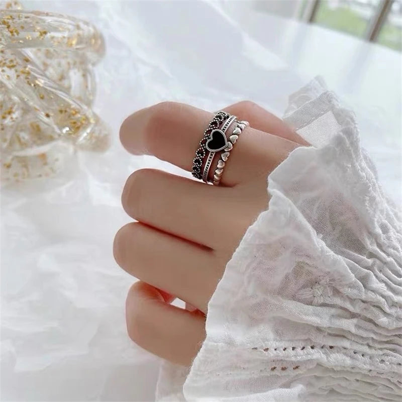 Retro Carved Three Layer Heart Ring - Adjustable Open Band for Men Women