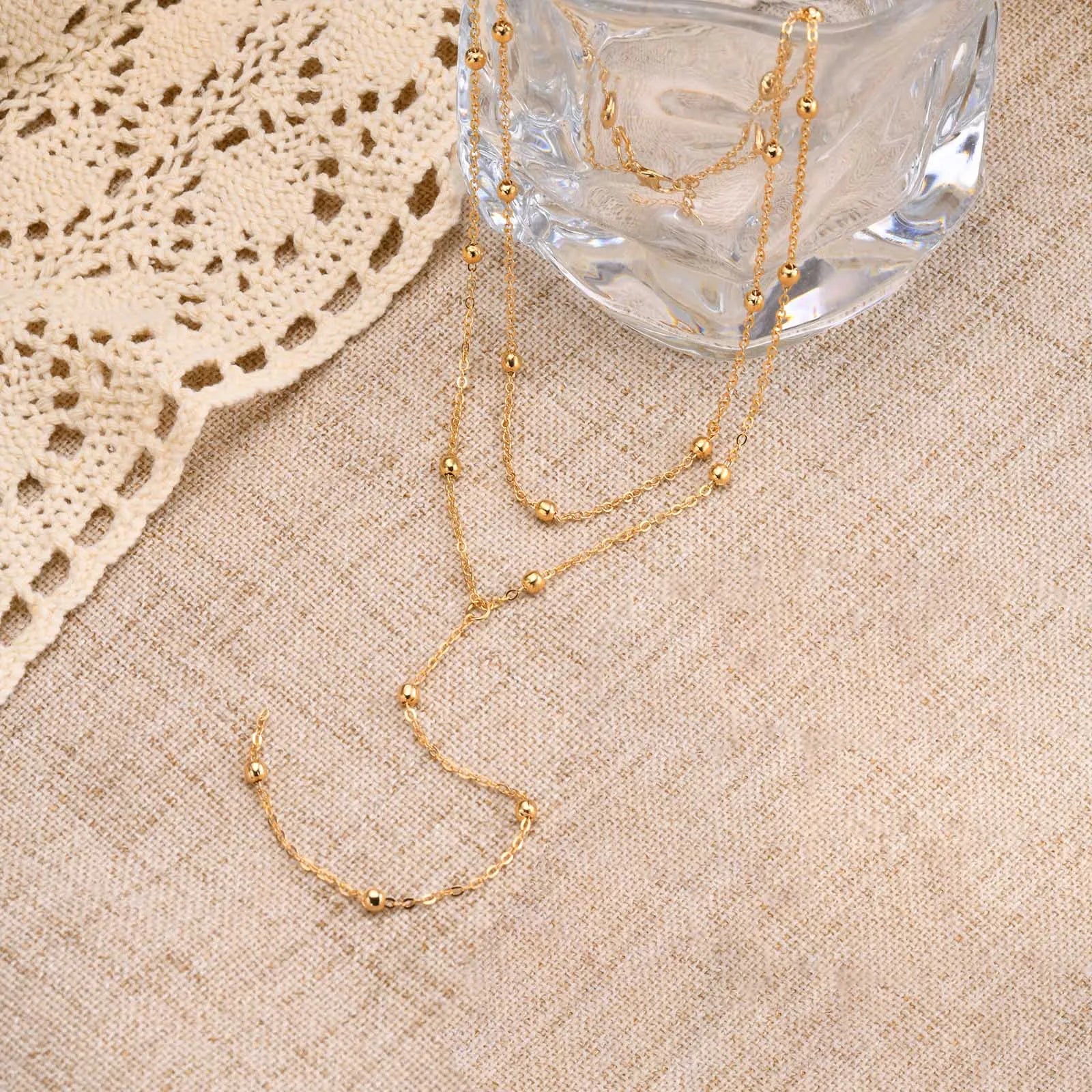 Dainty Bead Chain Zircon Heart-shaped Necklace for Women,Stainless Steel Flower Tassel Double Layer Y-shaped Necklaces Jewelry