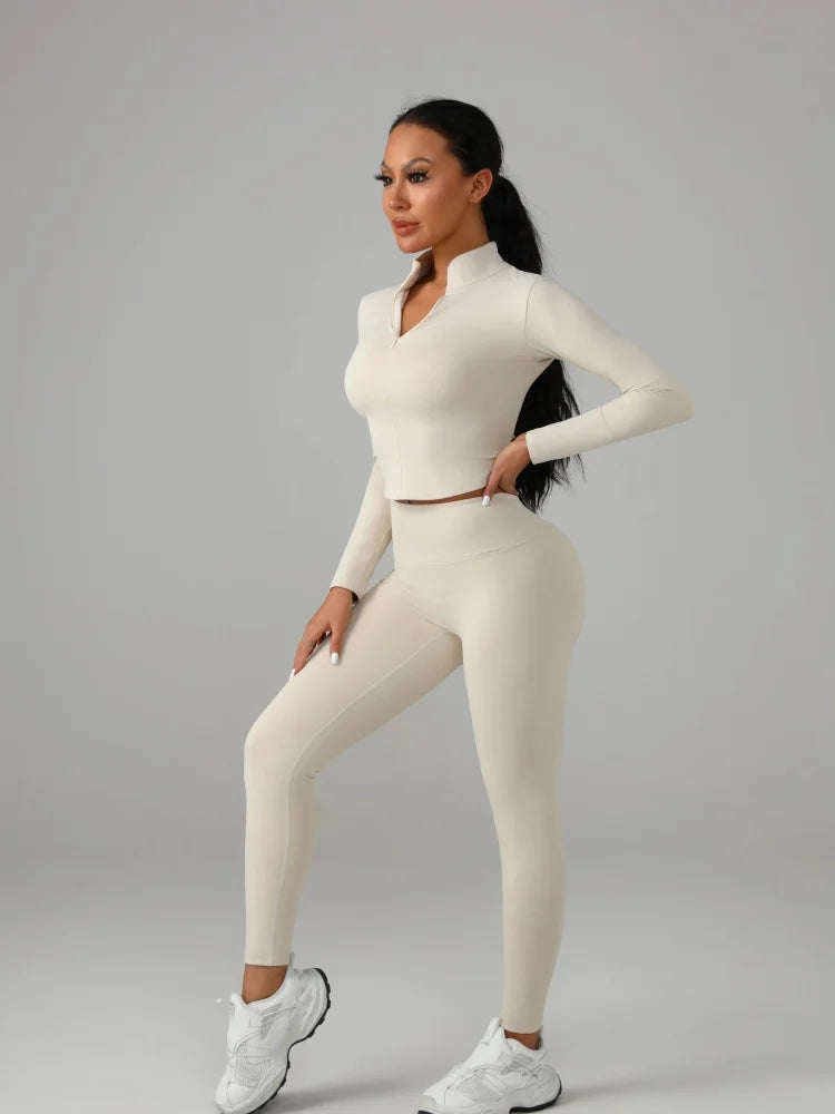 Women's Solid Color Sports Set Long - Sleeve Top + Pants Yoga Fitness Outfit Breathable Quick - Dry Tracksuit