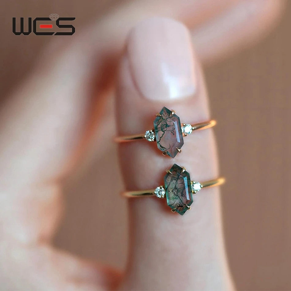 WES 925 Sterling Silver Open Ring for Woman Classic Unique Green Moss Agate Crystal Ring Engagement Gift Wholesale Oval Cut