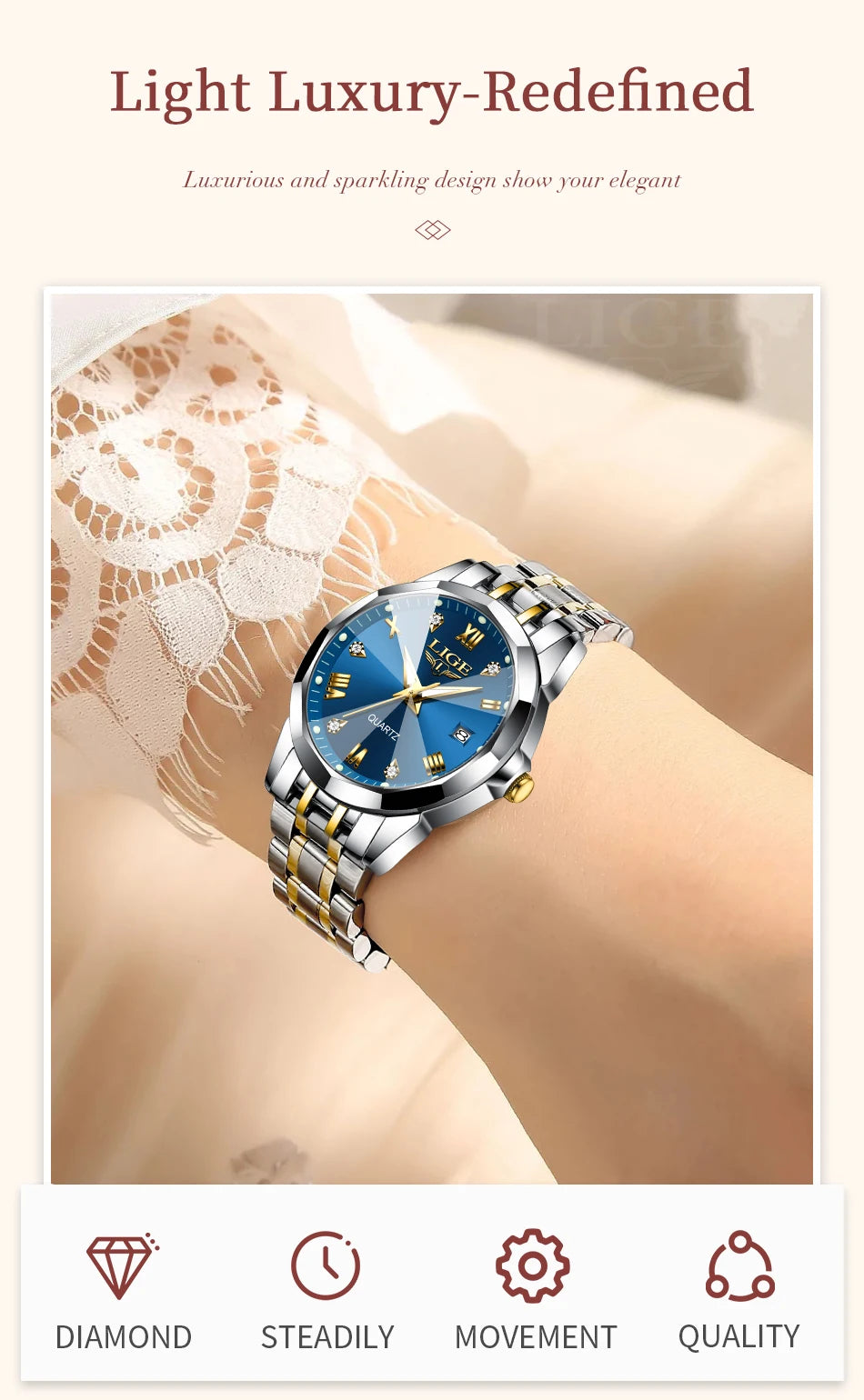 LIGE Elegant Ultrathin Nordic Simple Style Quartz Movement Women's Wristwatch Fashion Stainless Steel Bracelet Belt Woman Watch