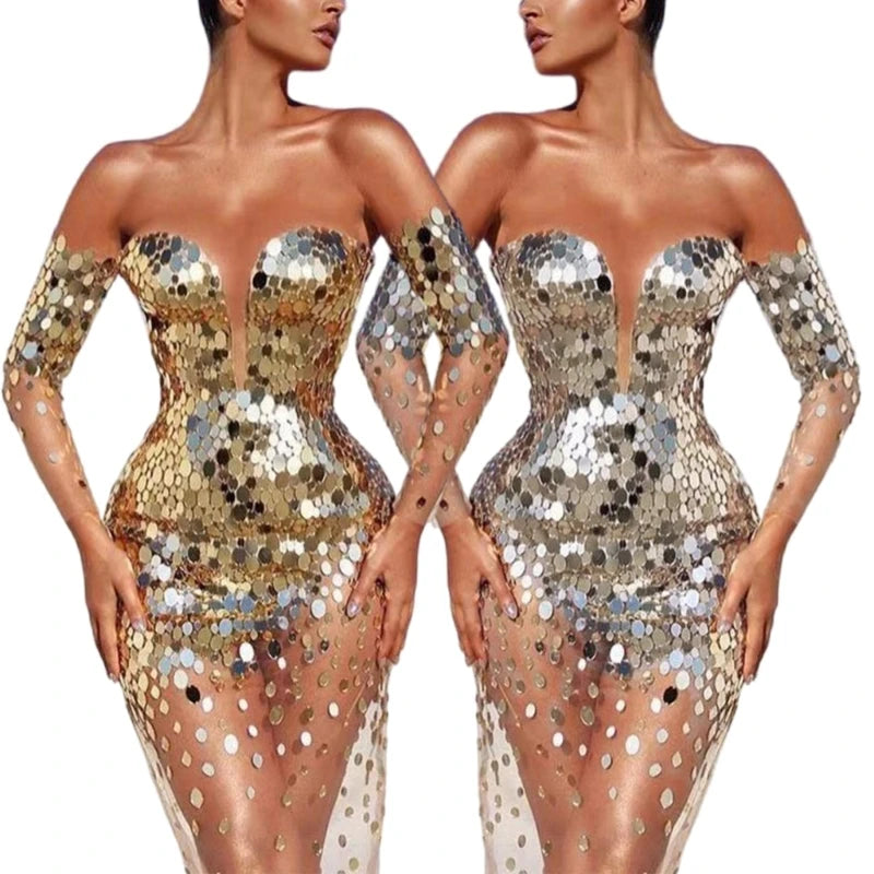 Long Sleeve Glitter Sequined Dress - Mesh Bodycon Evening Dress