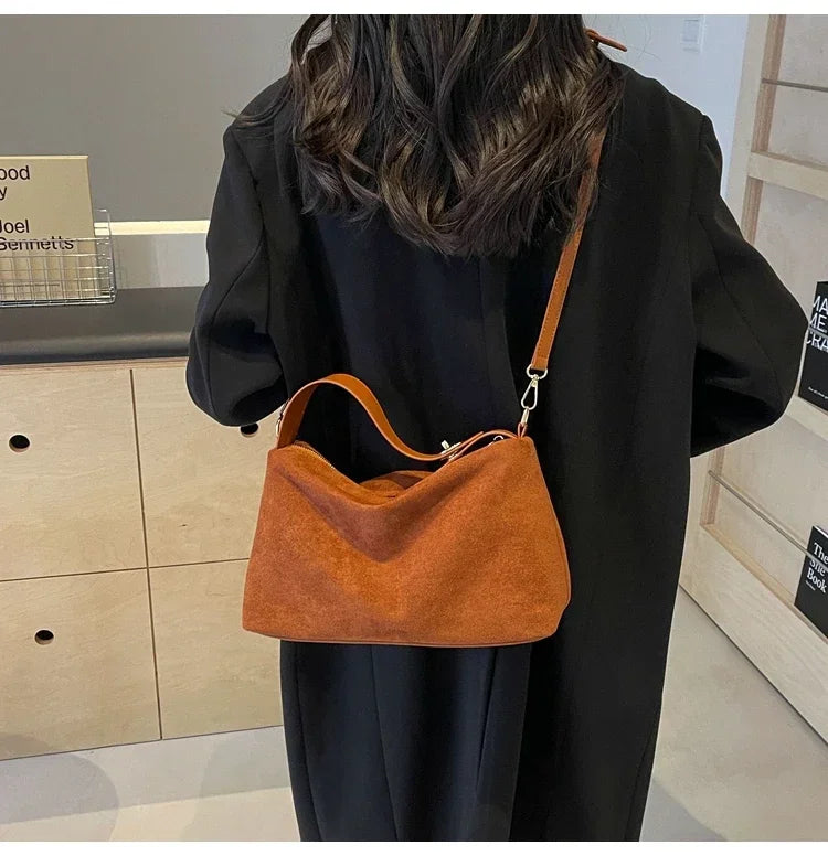 New Solid Color PU Zipper Women's Bag Suede Large Capacity Women's Shoulder Bag Fashion Versatile Casual Dual Purpose Handbag