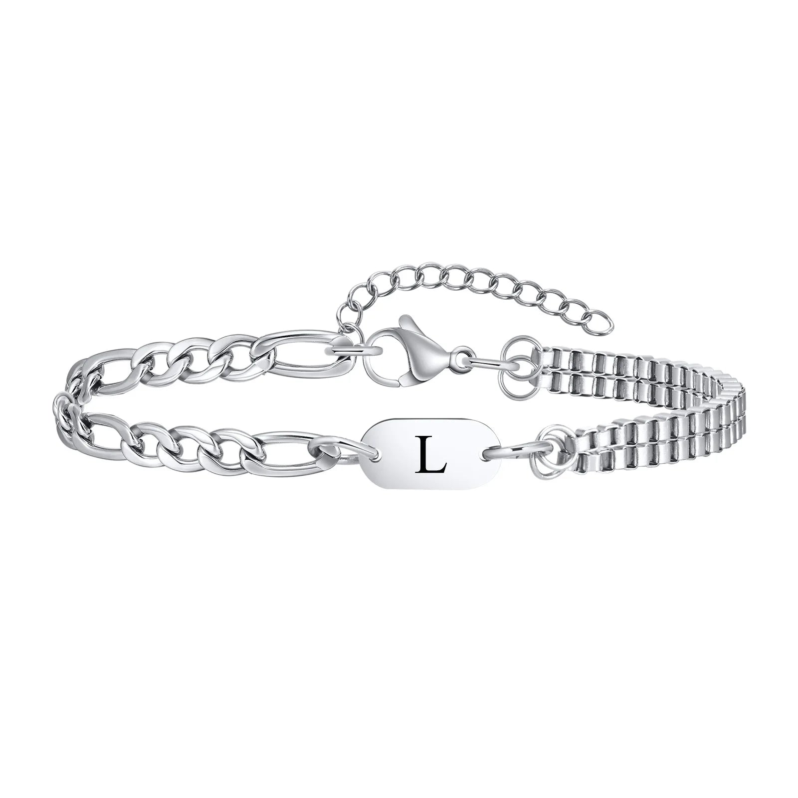 Vnox A-Z Initial Bracelets for Men Women, Never Fade Figaro Chain, Double Layered Box Link Chain Bracelets, Name Gift for Him
